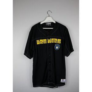 True Fan MLB Brewers Jersey Mens Large Black Embroidered Mesh Button Up Baseball